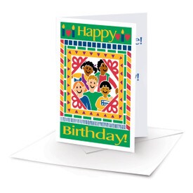 happy birthday note card with 5 kids and an envelope