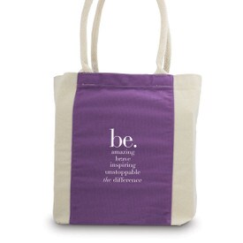 canvas tote bag with purple accent strip and rope handles with be collection message