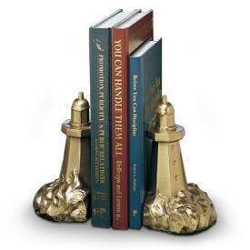 antique brass-finished lighthouse bookends