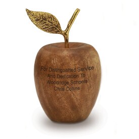Acacia wood apple featuring a brass stem and leaf.