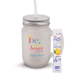 12 oz. Frosted Mason Jar with metal lid and white straw. Features the inspirational BE message.