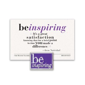be inspiring lapel pin with purple background and message card