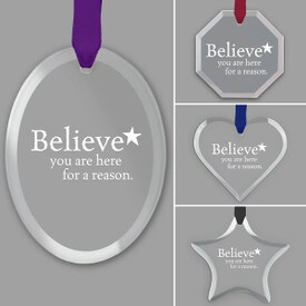 different shapes of crystal ornament with believe message and satin ribbon