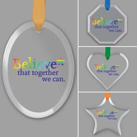 different shapes of crystal ornament with believe message and gold cord