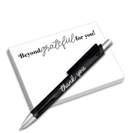 4x3 sticky notepad and pen combo. 100 sheets featuring the message beyond grateful for you! Includes black mechanical pen.