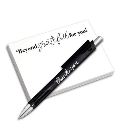 4x3 sticky notepad and pen combo. 100 sheets featuring the message beyond grateful for you! Includes black mechanical pen.