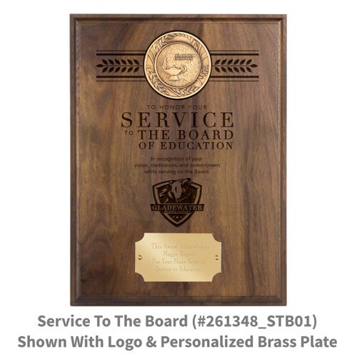 solid walnut plaque with brass medallion and service to the board message
