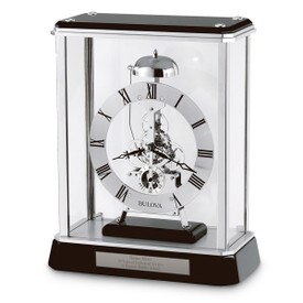 Bulova Vantage Clock featuring chrome-finished metal skeleton movement