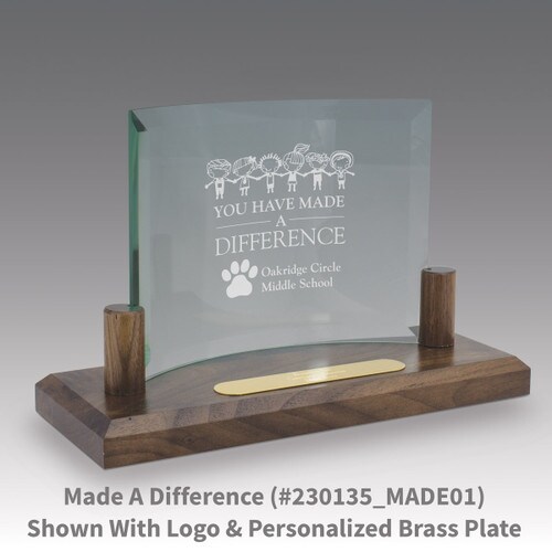 curved glass base award with made a difference message
