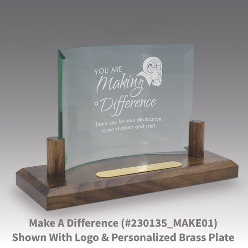 curved glass base award with making a difference message