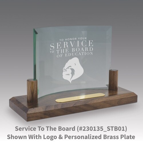 curved glass base award with service to the board message