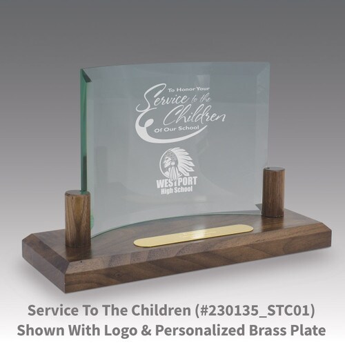 curved glass base award with service to the children message
