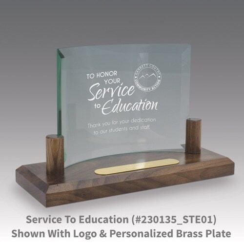 curved glass base award with service to education message