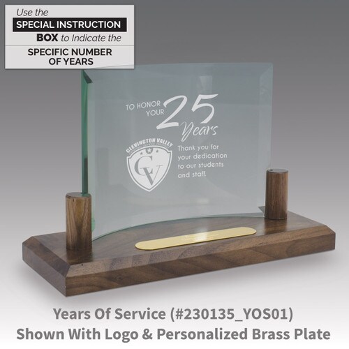 curved glass base award with years of service message