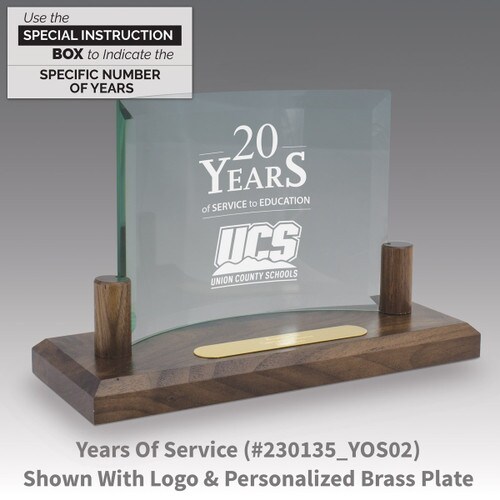 curved glass base award with years of service message