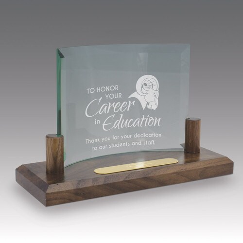 curved glass base award with career in education message