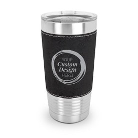 20oz. stainless steel tumbler featuring a richly textured leatherette wrap with your custom logo or design. 6 colors to choose from.