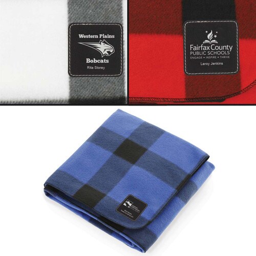 buffalo plaid fleece blankets with customizable patch