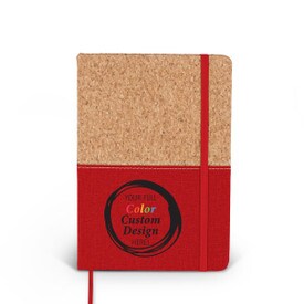 Compact cork journal with color accent, elastic privacy closure, and satin ribbon for bookmarking. Featuring your full color custom logo or design. 3 colors to choose from.