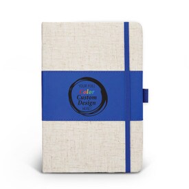 Heathered fabric journal with color accent, pen loop, and elastic privacy closure. Featuring your full color custom logo or design. 3 colors to choose from.