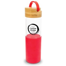 20 oz. water bottle w/ silicone wrap, bamboo lid & handle. 4 colors to choose from. Featuring your custom design on the front.