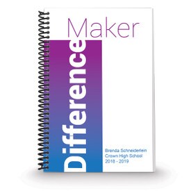 coil bound notebook with difference maker message and personalization in blue