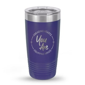 purple stainless steel tumbler with engaging hearts equipping minds message