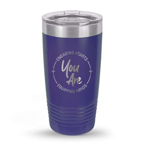 purple stainless steel tumbler with engaging hearts equipping minds message
