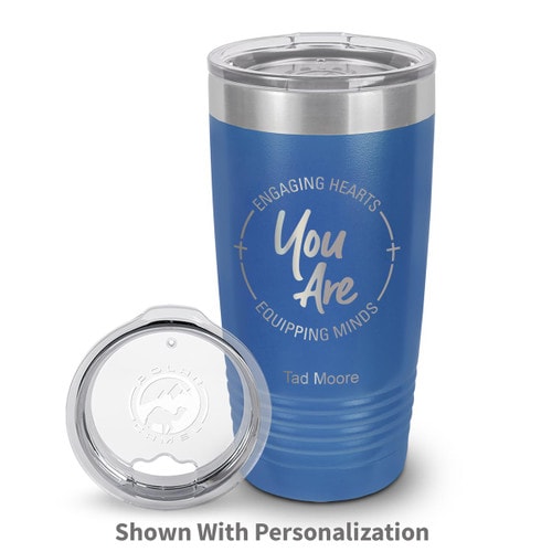 blue stainless steel tumbler with engaging hearts equipping minds message and personalization
