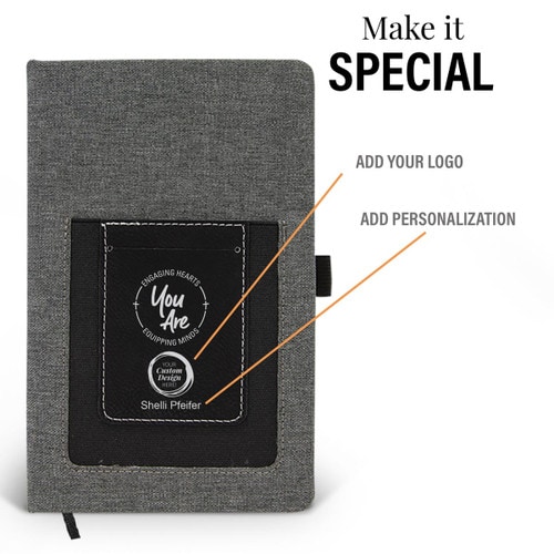 engaging hearts equipping minds with cross pocket canvas journal with add your logo and personalization