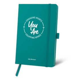 Colorful hardbound journal featuring the inspirational message Engaging Hearts Equipping Minds. 5 colors to choose from.