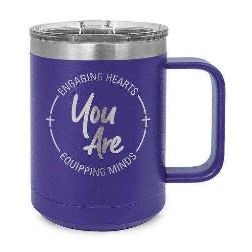 15oz. stainless steel mug features the inspirational message Engaging Hearts Equipping Minds and includes slider lid. 9 colors to choose from.