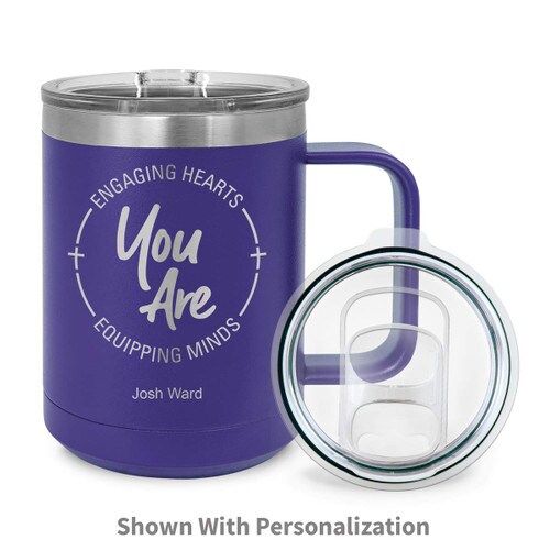 purple stainless steel mug with engaging hearts equipping minds cross message and personalization