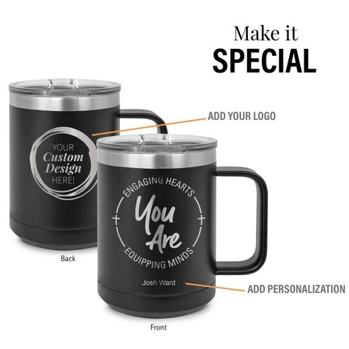 engaging minds cross black stainless steel mug with add your logo and personalization