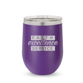 purple 12 oz. stainless steel tumblers with faith excellence service message