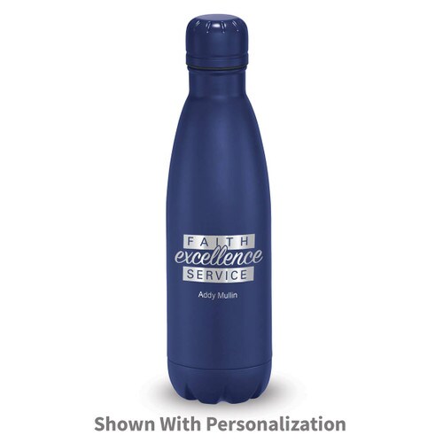 blue stainless steel water bottle with faith excellence service message and personalization
