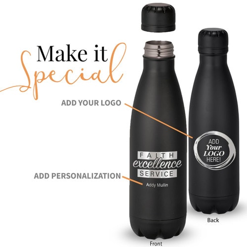 black stainless steel water bottle with faith excellence service message and add your logo