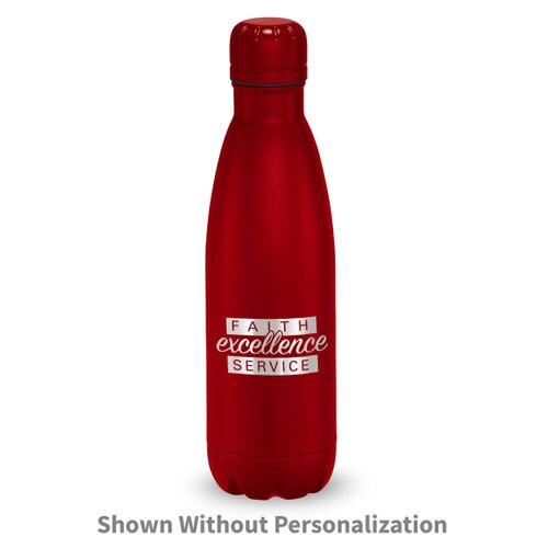 red stainless steel water bottle with faith excellence service message