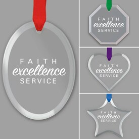 different shapes of crystal ornament with faith excellence service message and satin ribbon
