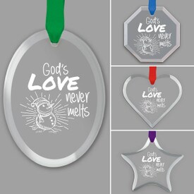 different shapes of crystal ornament with god's love will never melt message and satin ribbon