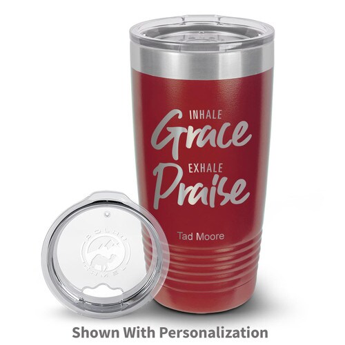 red stainless steel tumbler with inhale grace exhale praise message and personalization