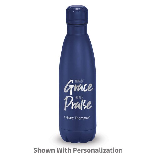 blue stainless steel water bottle with inhale grace exhale praise message and personalization