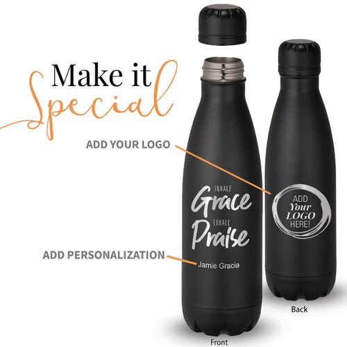 black stainless steel water bottle with inhale grace exhale praise message and add your logo
