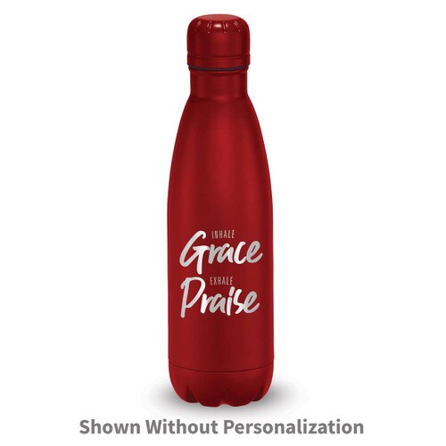 red stainless steel water bottle with inhale grace exhale praise message