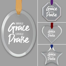 different shapes of crystal ornament with inhale grace exhale praise message and satin ribbon