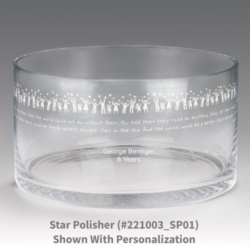 large crystal recognition bowl with star polisher message
