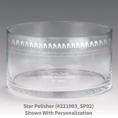 large crystal recognition bowl with star polisher message