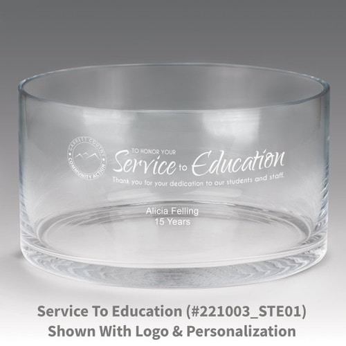 large crystal recognition bowl with service to education message