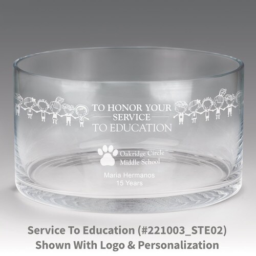 large crystal recognition bowl with service to education message