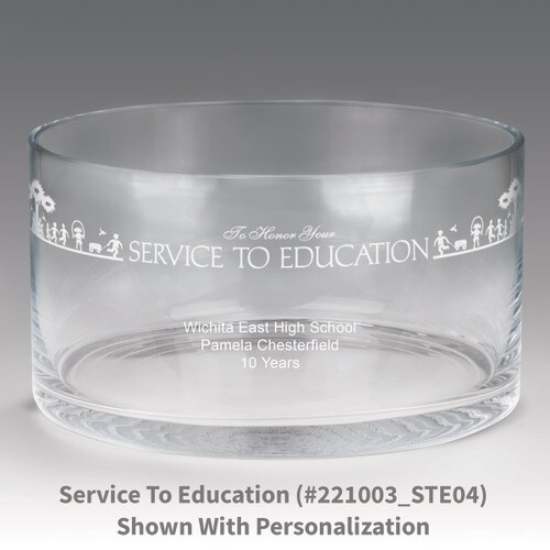large crystal recognition bowl with service to education message
